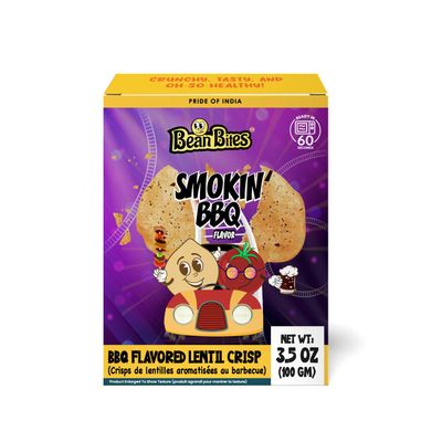 Bean Bites | Smokin BBQ Lentil Crisp 3.53 oz (100 g) | Mini Poppadom Snack | Round Crunchy Crisps | Earthy, Mild BBQ Flavor | Heat in Oven (60 secs) | Plant Based Protein by Pride of India