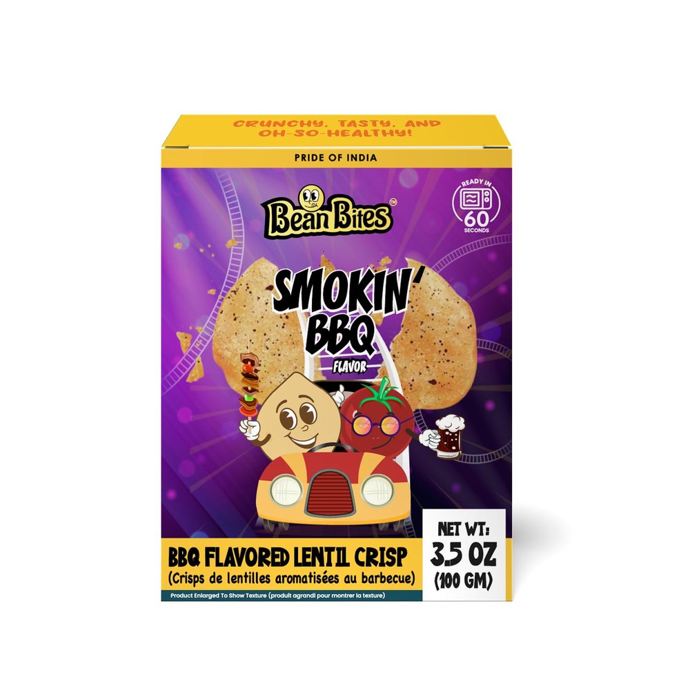 Bean Bites | Smokin BBQ Lentil Crisp 3.53 oz (100 g) | Mini Poppadom Snack | Round Crunchy Crisps | Earthy, Mild BBQ Flavor | Heat in Oven (60 secs) | Plant Based Protein by Pride of India
