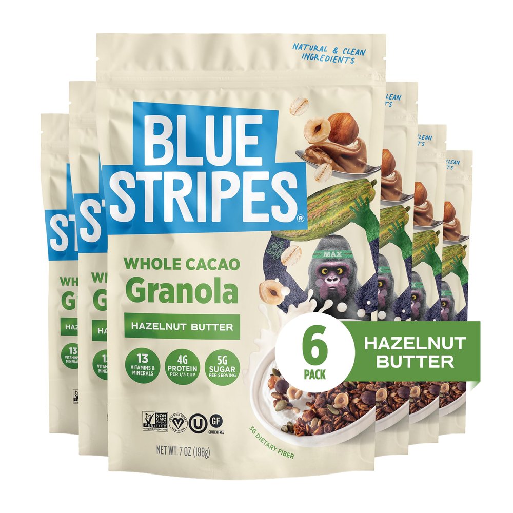 Blue Stripes Hazelnut Butter Granola - Whole Cacao Gluten Free Granola for Cereal, Yogurt, Snacking | 4g Protein Per Serving | No Refined Sugar, Vegan, Non GMO - 7 oz Bag (6 Pack)