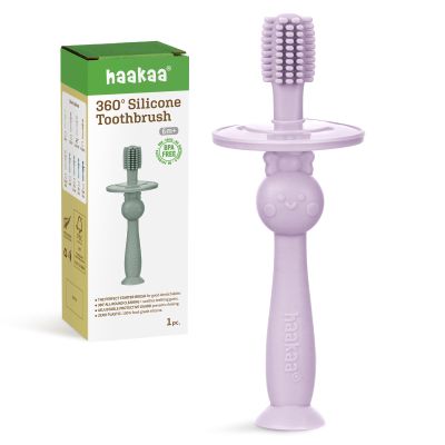 haakaa 360 Baby Toothbrush with Suction Base - Gentle Cleaning for Infant Self-Brushing Training, Sorft Food-Grade Silicone, Baby Teething Relief - Lavender, 1 Count