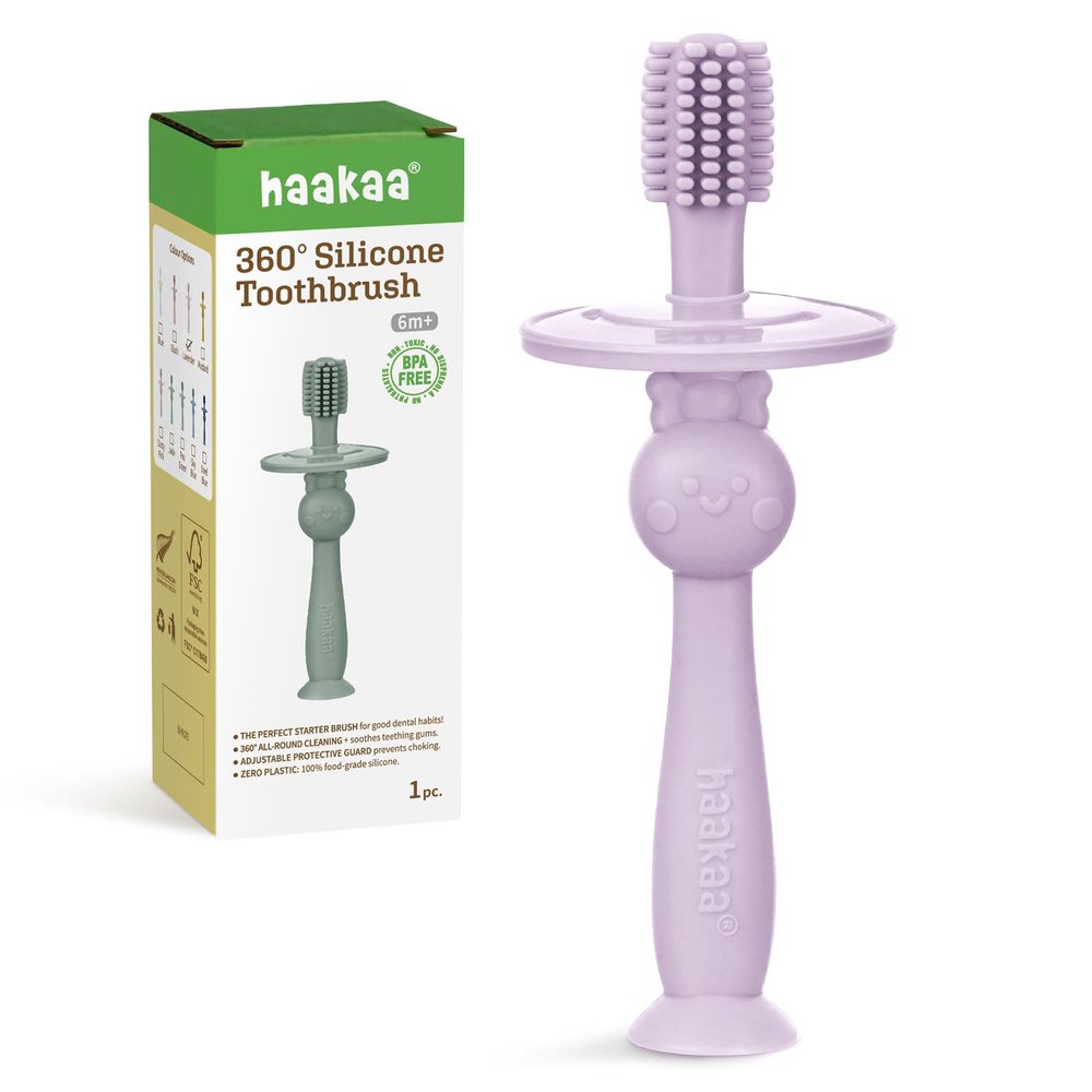 haakaa 360 Baby Toothbrush with Suction Base - Gentle Cleaning for Infant Self-Brushing Training, Sorft Food-Grade Silicone, Baby Teething Relief - Lavender, 1 Count