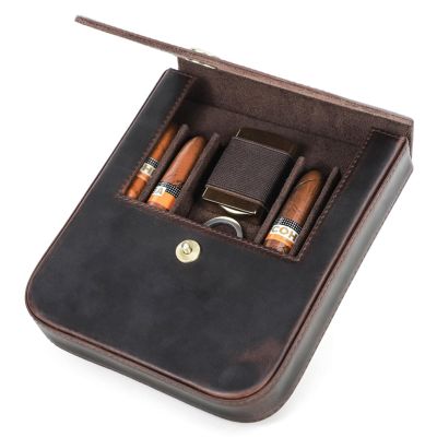 4 Slot Leather Cigar Case Travel Humidor Cigar Organizer with Magnetic Closure Removable Tray, 6.5", 60 Ring Gauge Portable Gift for Men (Brown)