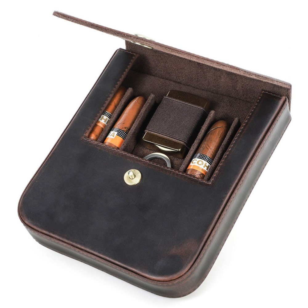 4 Slot Leather Cigar Case Travel Humidor Cigar Organizer with Magnetic Closure Removable Tray, 6.5", 60 Ring Gauge Portable Gift for Men (Brown)
