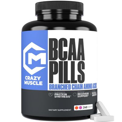 Crazy Muscle 3000mg BCAA Pills (2 Month Supply) with The Optimum 2:1:1 Ratio of Branched Chain Amino Acids for Recovery and Growth - 1000mg BCAAs per Pill (More Than BCAA Capsules) - 240 Tablets