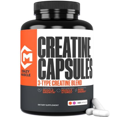 Crazy Muscle Creatine Capsules, 5g of Premium 3X ThreeAtine Pre Workout Bulk Mass Gainer, High Absorption Easy to Take Creatine Monohydrate, Optimum Performance for Men Women, 360 Capsules