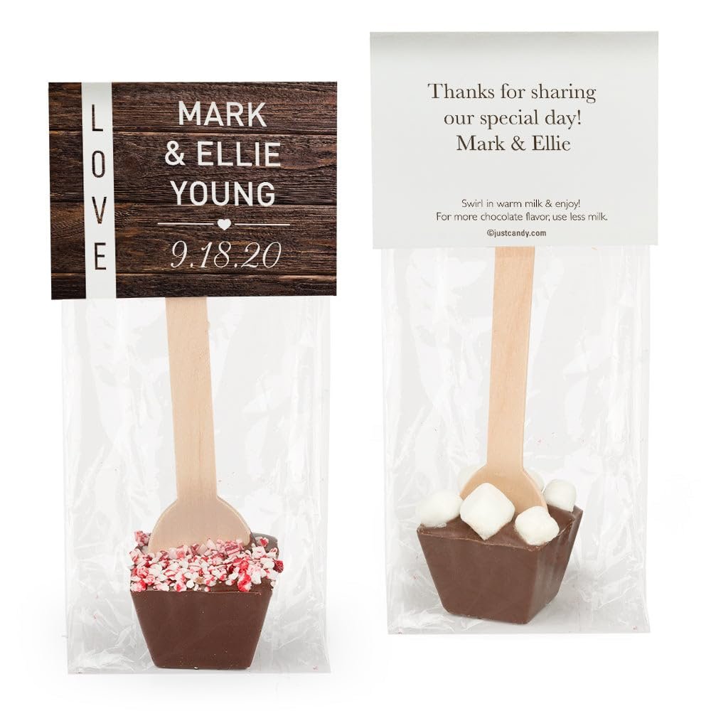 12ct Personalized Winter Wedding Favors Hot Chocolate Spoons (12 Pack) Gourmet Milk Chocolate - Rustic
