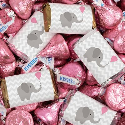 124 Pcs Pink Girl Baby Shower Candy Party Favors Elephant Miniatures & Kisses (1.52 lbs, Approx. 124 Pcs)
