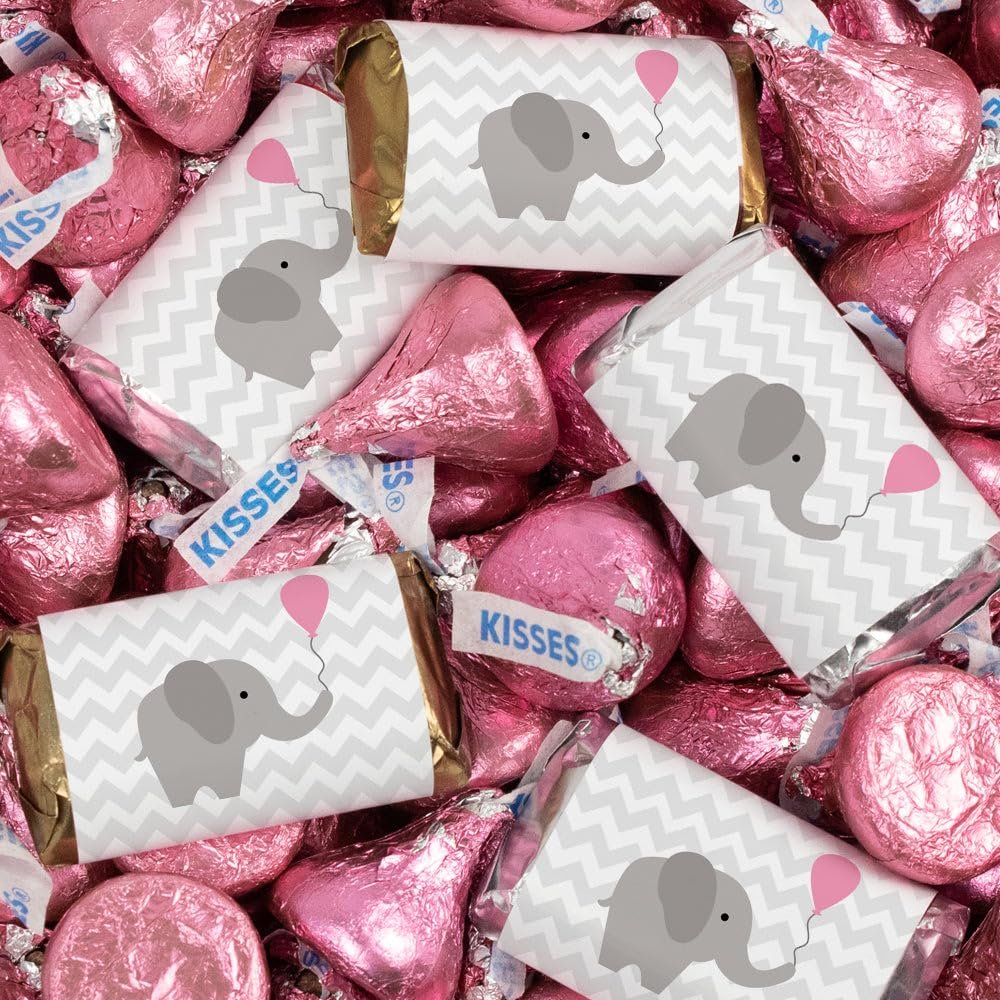 124 Pcs Pink Girl Baby Shower Candy Party Favors Elephant Miniatures & Kisses (1.52 lbs, Approx. 124 Pcs)