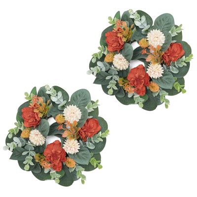 2 Pcs 9" Mini Orange Champagne Delphinium Artificial Flower Candle Rings Wreaths for Pillars as Home Table Window Decor, Floral Cabinet Hanging Wreath for Kitchen Shelf Farmhouse Wedding Party