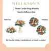 2 Pcs 9" Mini Orange Champagne Delphinium Artificial Flower Candle Rings Wreaths for Pillars as Home Table Window Decor, Floral Cabinet Hanging Wreath for Kitchen Shelf Farmhouse Wedding Party view 3