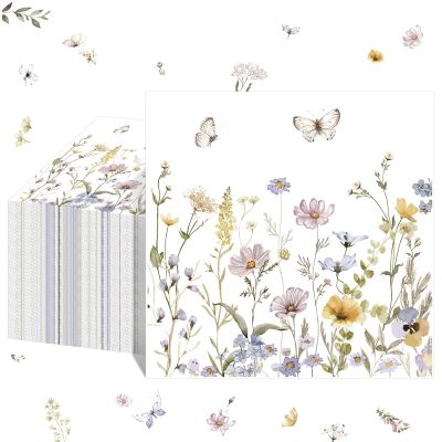 50 Pack Floral Cocktail Napkins Tea Party Wildflower Paper Napkins Butterfly Dinner Hand Napkin Guest Classical Flower Decorative Towels 13 x 13 Inch for Wedding Bridal Birthday Tea Party