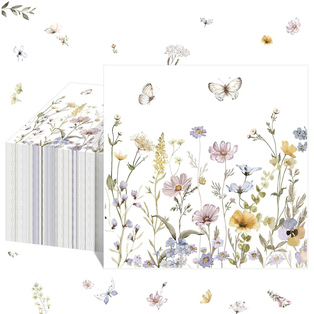 50 Pack Floral Cocktail Napkins Tea Party Wildflower Paper Napkins Butterfly Dinner Hand Napkin Guest Classical Flower Decorative Towels 13 x 13 Inch for Wedding Bridal Birthday Tea Party