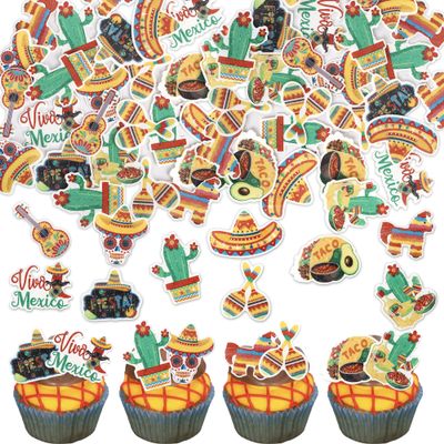 60 Pack Edible Fiesta Cupcake Toppers Water Paper Cactus Donkey Maraca Sombrero Pepper Guitar Cupcake Picks for Mexican Fiesta Theme Baby Shower Birthday Party Cake Decorations Supplies