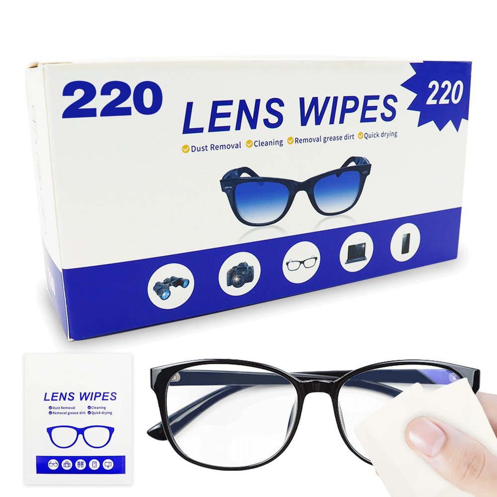 220 Count Lens Wipes (200 + 20 Bonus Pack) - Pre-Moistened Individual Wrapped Glasses Cleaner - Streak-Free Cleaning Wipes for Eyeglasses, Phone Screens, Sunglasses