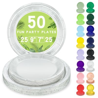 LANLISA 50 Silver Paper Plates Disposable Set Includes 25-9" & 25-7" Disposable Birthday Cake Dessert Paper Plates For Party Supplies