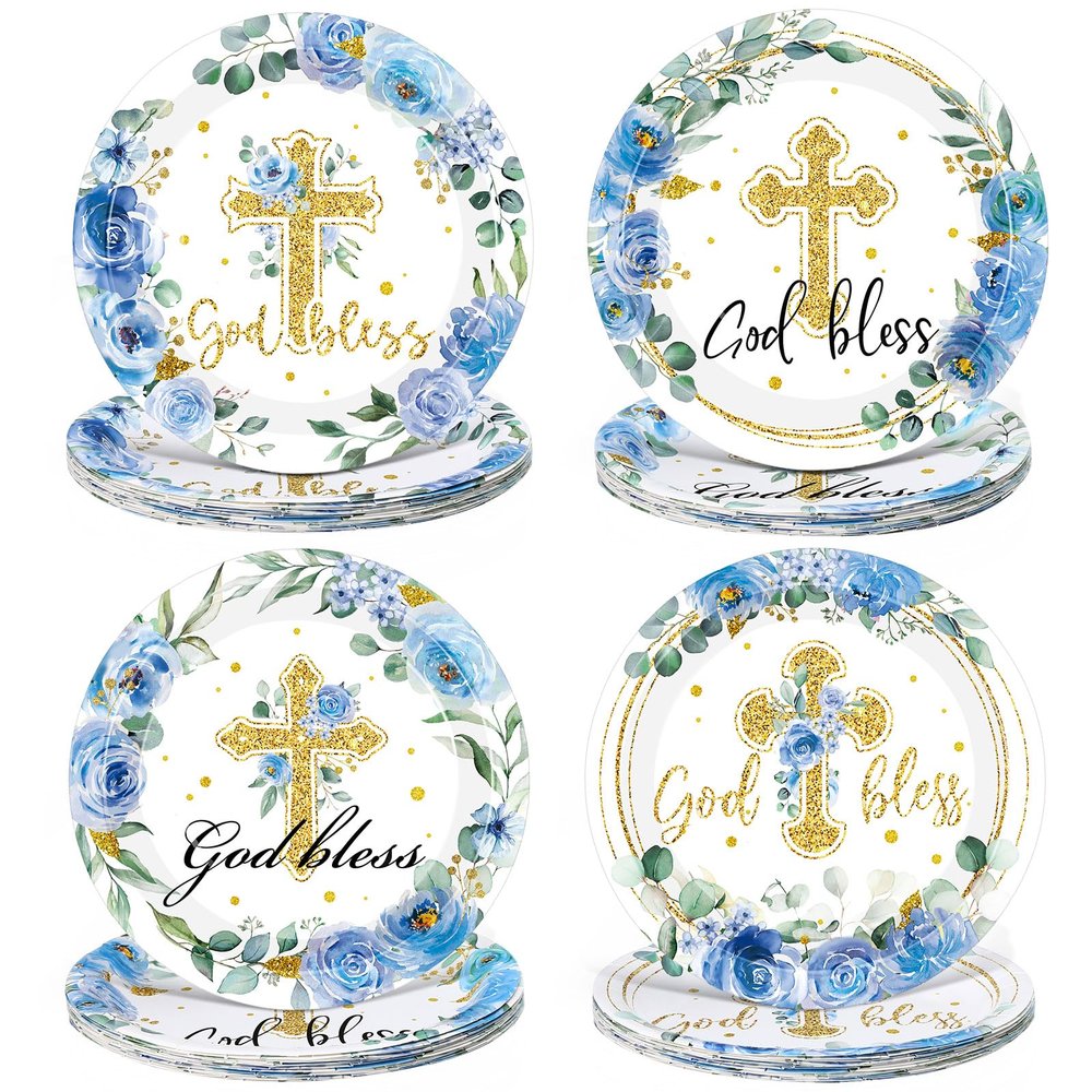 Funnymoom 60 Pcs Baptism Plates 9 Inch Blue God Bless Floral Plates Disposable Religious Party Decoration for First Communion Christening Celebration Baby Shower Religious Party Supplies