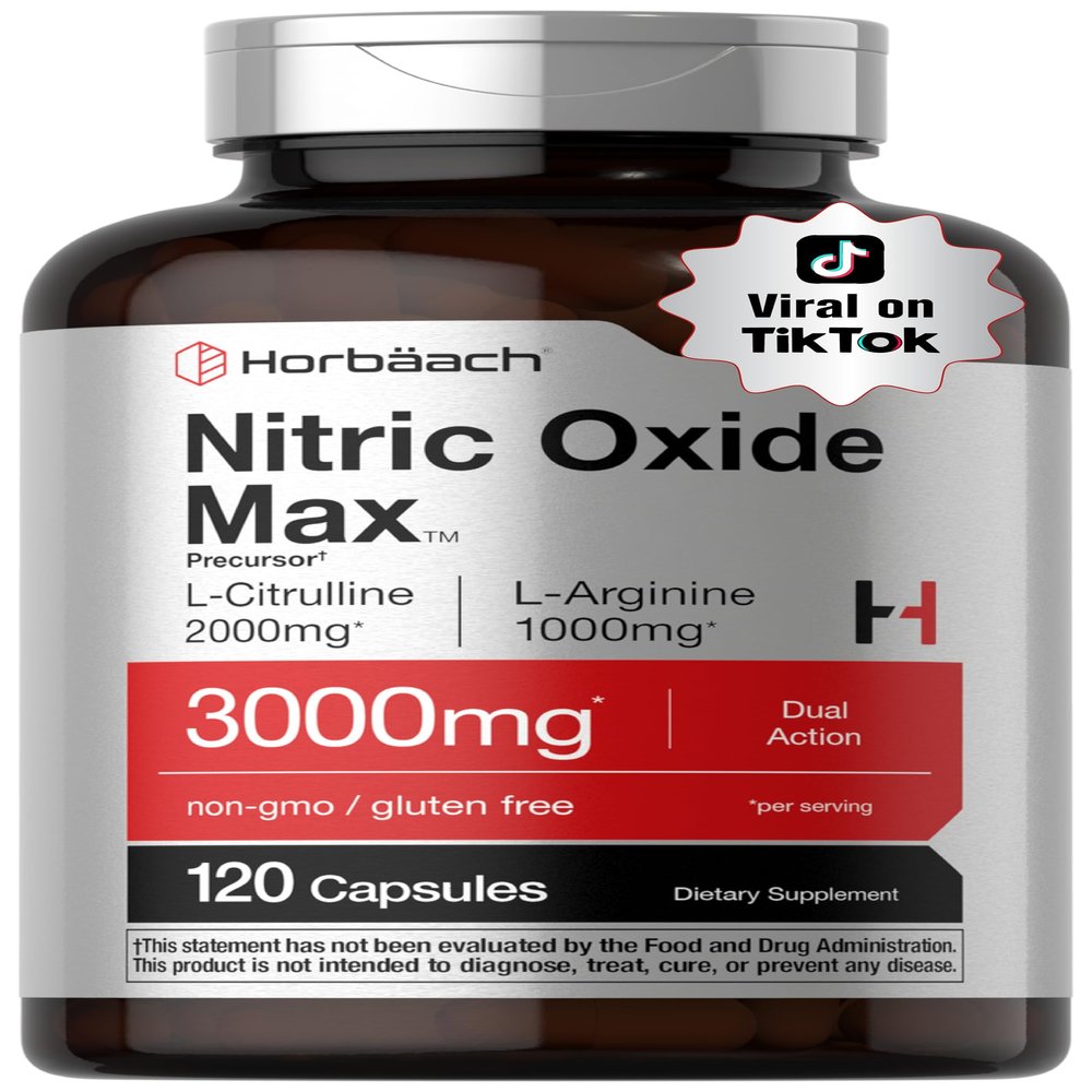 Horbach Nitric Oxide Supplement | 3000mg | 120 Capsules | Pre Workout with L Arginine and L Citrulline for Men and Women | Non-GMO, Gluten Free Formula