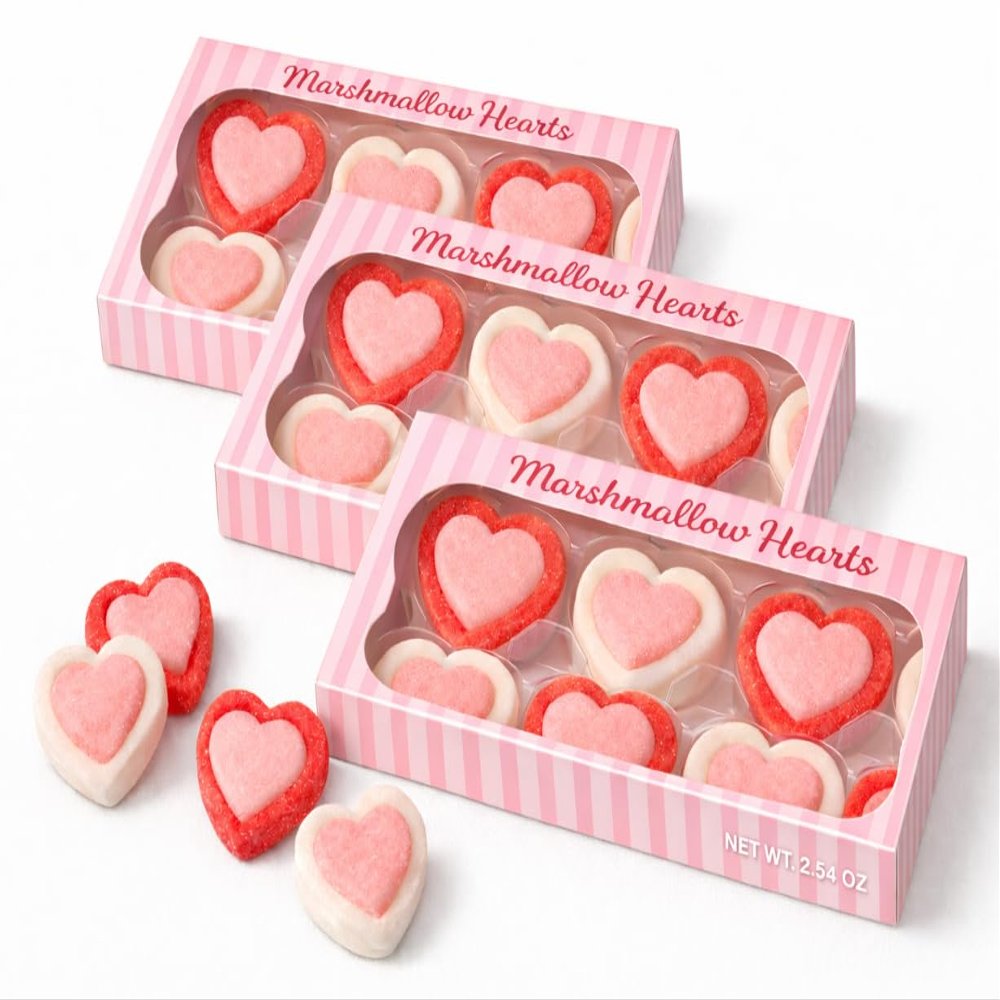 Heart Shaped Marshmallows, Red, Pink and White Artificially Flavored Gift Candy |18 Pieces Valentines Friendship Exchange Marshmallow Hearts.