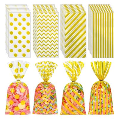 100 Pcs 13 x 27cm Plastic Candy Gift Bags Polka Dot Striped Goodie Bags Clear Cookie Treat Bags Cellophane Party Favor Bags Birthday Goody Bags Wedding Snack Bags with 100 Pcs Twist Ties Golden