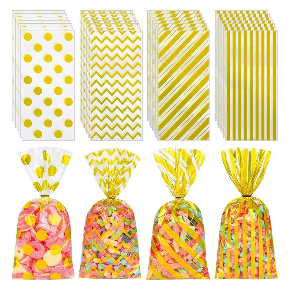 100 Pcs 13 x 27cm Plastic Candy Gift Bags Polka Dot Striped Goodie Bags Clear Cookie Treat Bags Cellophane Party Favor Bags Birthday Goody Bags Wedding Snack Bags with 100 Pcs Twist Ties Golden