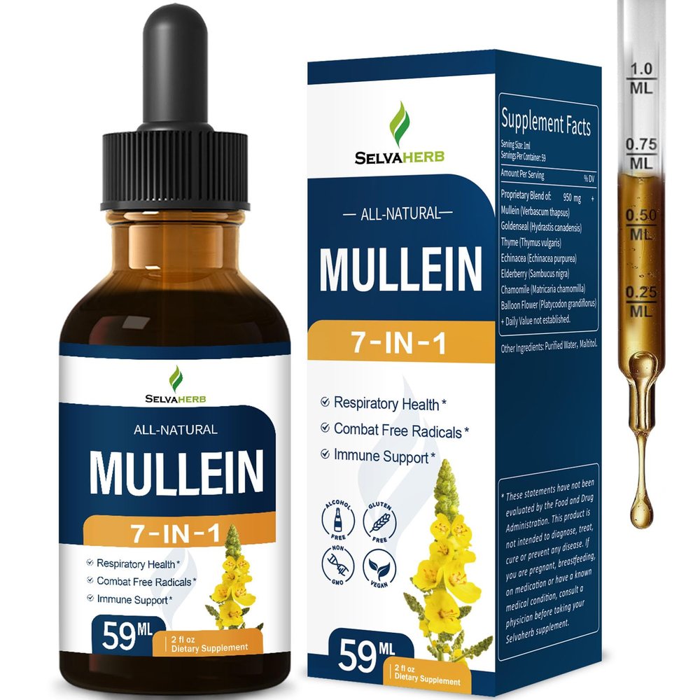 Selvaherb Mullein Drops for Lungs - Mullein Leaf Extract for Lungs Respiratory Health, Combat Free Radicals & Immune Support Supplements with Goldenseal Thyme Echinacea Elderberry. 2oz