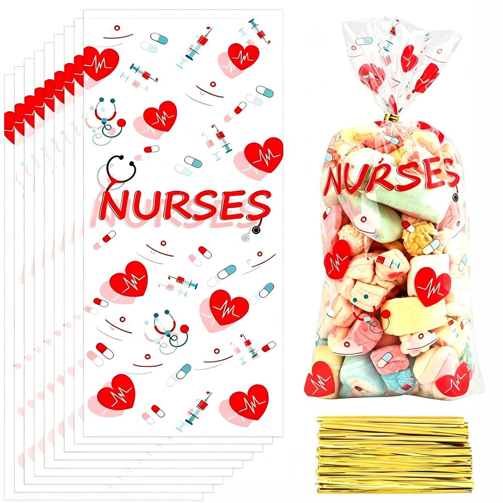 200 PCS Nurse Gifts Bags, Nurses Week Gifts, Nursing Cellophane Treat Bags, Clear Nurses Candy Goodie Cookie Bag with Twist Ties for National Nurse Day Nursing Graduation Congrats Party Favors Supplies