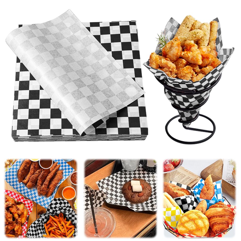 100PCS Deli Paper,Premium Food Basket Liners, Grease Resistant Wax Paper Sheets for Food,Deli Wrap Wax Paper Sheets for Wrapping Bread and Sandwiches (Black, 8.5")