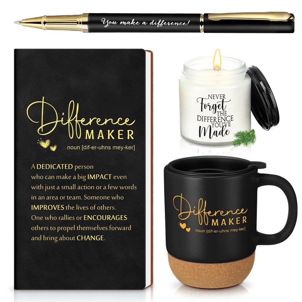 Vesici 4 Pcs Difference Maker Gift Set Mug Notebook Candle Pen,Black,Word