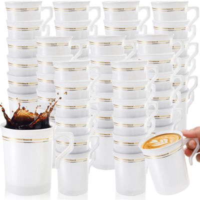 YIMITEE 48 Pack Disposable Coffee Mugs with Handle, 8 OZ Heavyweight Gold Rimmed Tea Cups, Plastic Hot Cold Beverage Drinkware for Weddings Cafe Bridal Shower Engagement Party Camping Travel, White