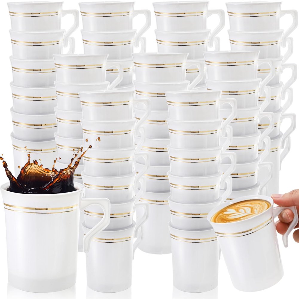 YIMITEE 48 Pack Disposable Coffee Mugs with Handle, 8 OZ Heavyweight Gold Rimmed Tea Cups, Plastic Hot Cold Beverage Drinkware for Weddings Cafe Bridal Shower Engagement Party Camping Travel, White
