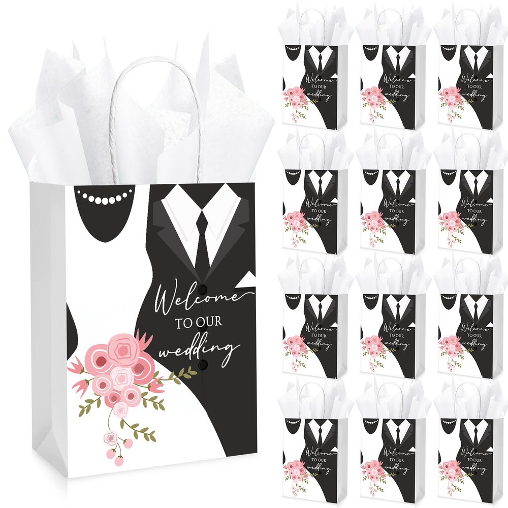 Sinload 50 Sets Wedding Welcome Bags with 50 Sheets Tissue Paper Mr. and Mrs. Welcome to Our Wedding Favor Bags Paper Bags with Handles Wedding Party Gift Bags Welcome Wedding Bags for Hotel Guests