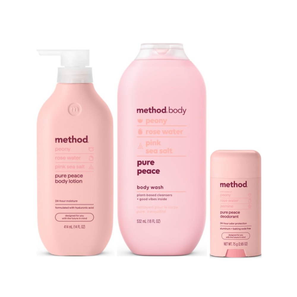 Method Pure Peace, Body Lotion 14 Fl Oz, Body Wash 18 Fl Oz, Deodorant 2.65 Oz (Variety Pack)