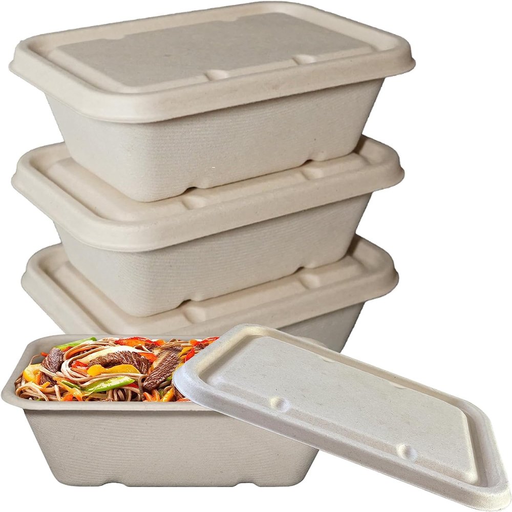 EcoQuality 24oz Disposable Bowls with Fiber Lids - Rectangular Compostable Sugarcane Fiber Biodegradable Paper Bowls Eco-Friendly Take Out Food Storage Containers, Microwave Safe, Meal Prep (250)