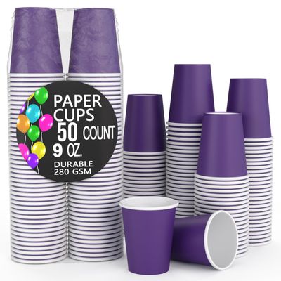 Party Solids Purple Paper Cups 9 oz - 50 Disposable Cups for Hot & Cold Drinks - Durable 280 GSM Coffee Tea Tumblers for Parties Events & To Go