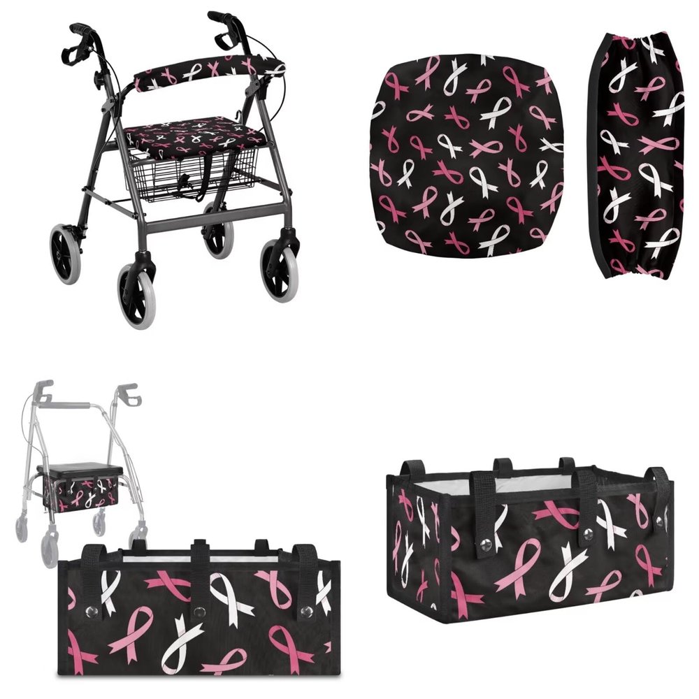 Maiyoinou Pink Ribbon Walkers for Seniors Accessories Seat and Back Rest Covers Foldable Storage Bags for Rollator Walkers (3 Pieces)