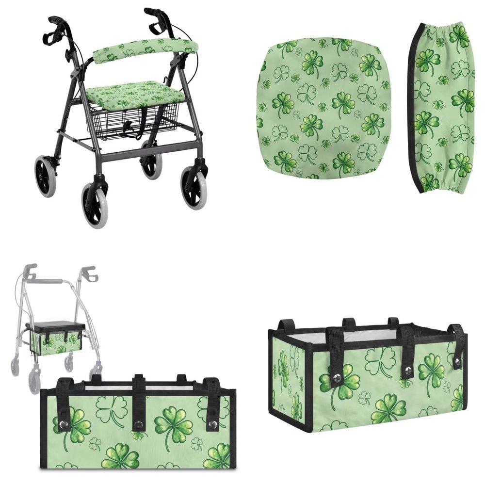 Maiyoinou St Patricks Day Walker Seat Cover Rollator Seat and Back Rest Covers Green Leaf Walker Storage Bag for Four Wheel Rollator (3 Pieces Set)