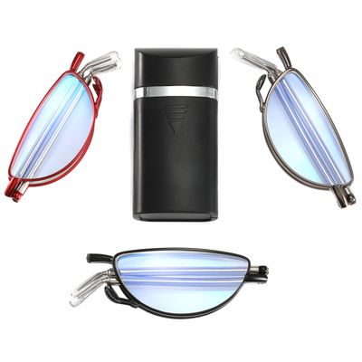 Yiwaeye 3 Pack Foldable Reading Glasses Blue Light UV Blocking, Compact Thin Half Frame Readers with Portable Cases for Men Women Black/Gunmetal/Red +2.5