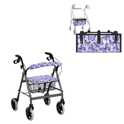 Babrukda Purple Butterfly Western Aztec Rollator Walker Seat and Backrest Covers with Rollator Walker Replacement Medical Basket for Women, Men, Seniors Walker Accessories for Folding Walker