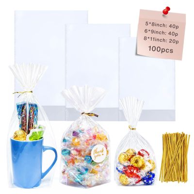 Cherodada Clear Cellophane Treat Bags with Ties, 5"x 8", 6"x 9", 8"x 11" (100 pcs) Bottom Gusset Bags, Clear Gift Bags for Party Favor, Gift Wrapping, Wrapping Candies, Cookies, Chocolates, Popcorn