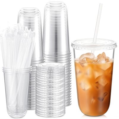 Ziliny 50 Sets Clear Plastic Cups with Lids and Straws, Disposable Iced Coffee Cups Drinking PET for Cold Drinks, Juice, Smoothie, Coffee Shops, Party, Christmas (18 oz,Clear)