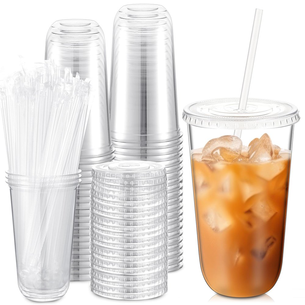 Ziliny 50 Sets Clear Plastic Cups with Lids and Straws, Disposable Iced Coffee Cups Drinking PET for Cold Drinks, Juice, Smoothie, Coffee Shops, Party, Christmas (18 oz,Clear)