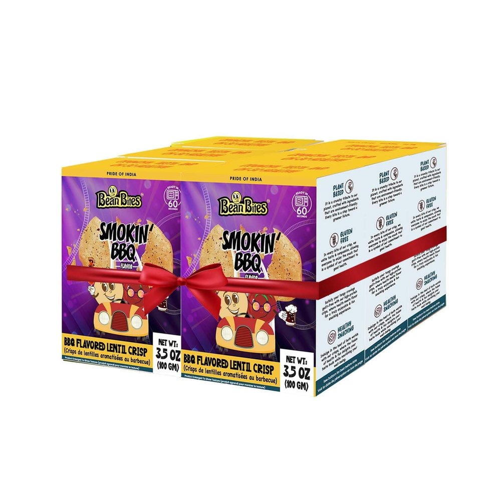 Bean Bites | Smokin BBQ Lentil Crisp 3.53 oz (100 g) PACK of 6 | Mini Poppadom Snack | Round Crunchy Crisps | Earthy, Mild BBQ Flavor | Heat in Oven (60 secs) | Plant Based Protein by Pride of India
