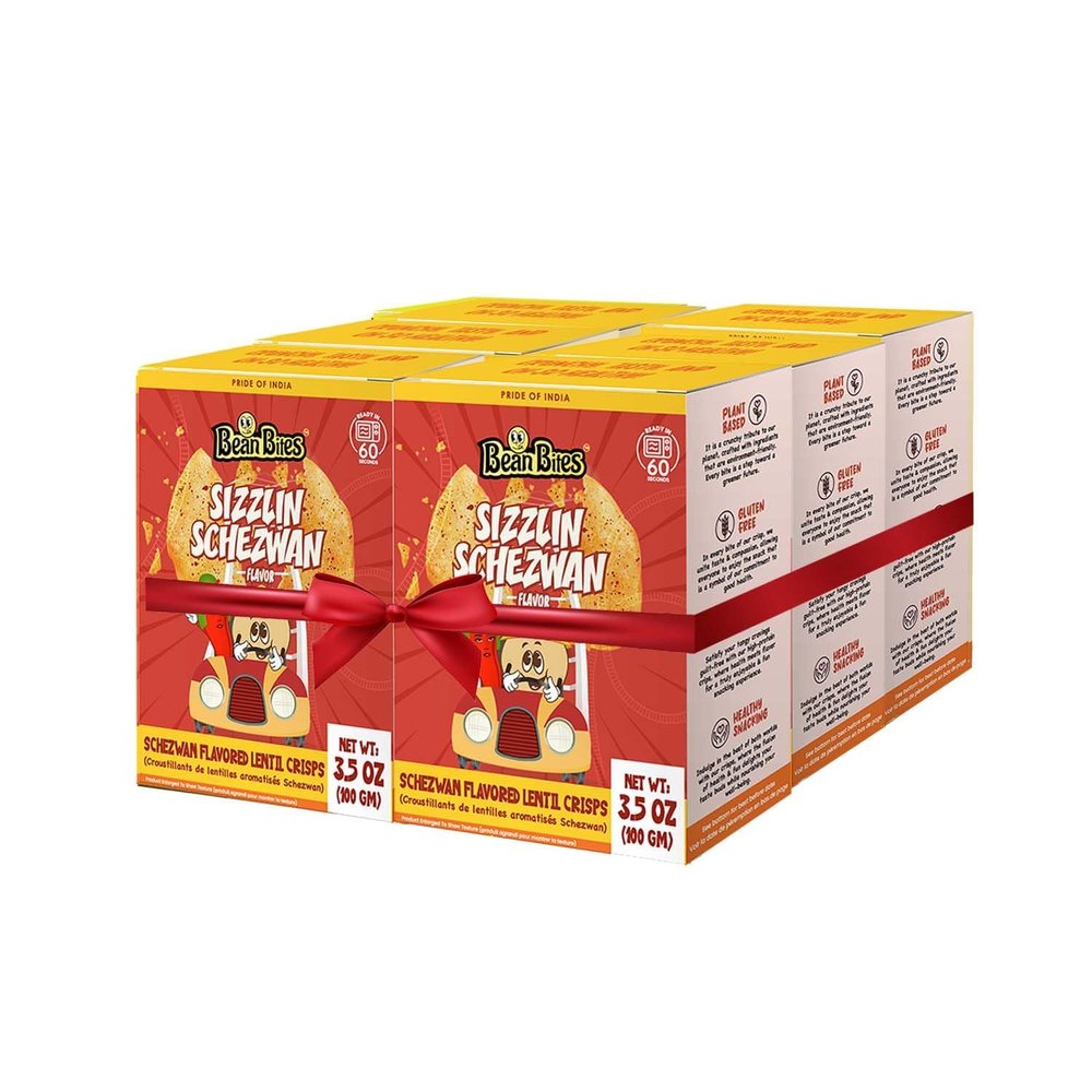 Bean Bites | Sizzlin Schezwan Lentil Crisp 3.53 oz (100 g) PACK of 6 | Mini Poppadom Snack | Round Crunchy Crisps | Earthy Schezwan Taste | Heat in Oven (60s), Plant Based Protein by Pride of India