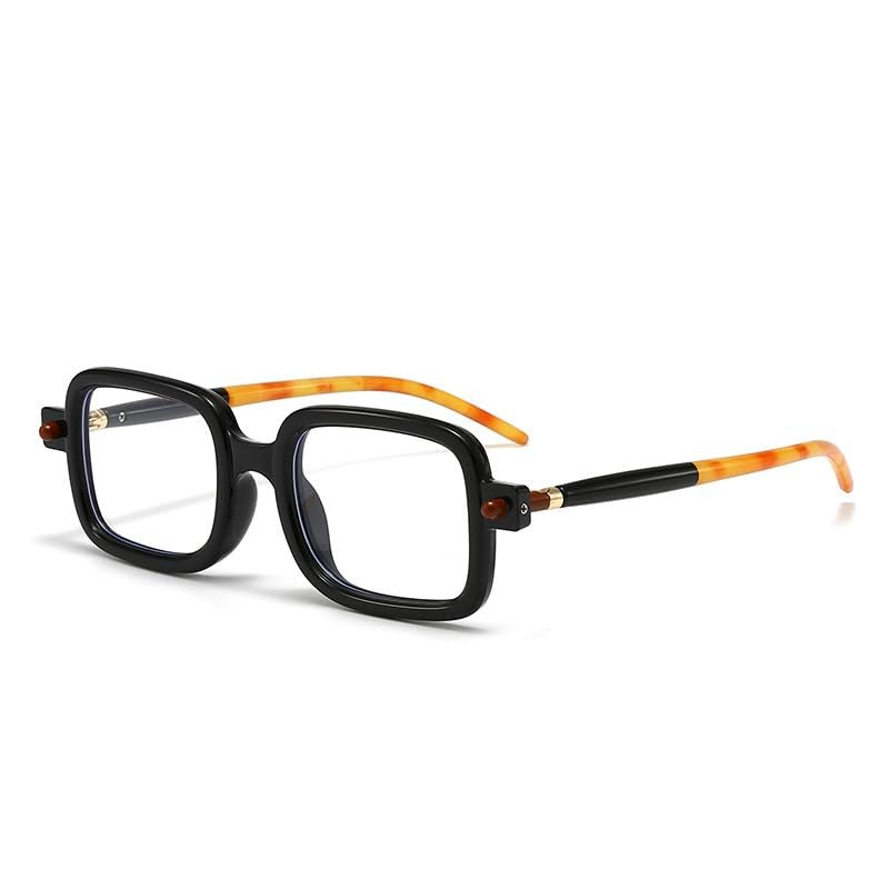 HAITONGCR Anti-blue Flat Glasses Square Reading Glasses Retro (Bright black frame [wrapped flower black feet],No degree of anti-blue light)