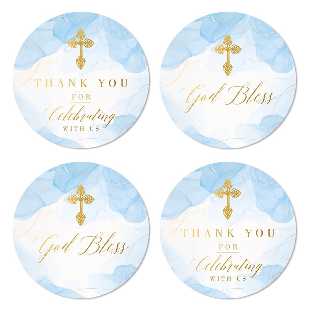 Mobiusea Creation First Communion God Bless Baptism Stickers for Boys | 2 inch | Blue Gold Foil Cross| 60pcs Waterproof Christian Thank You Religious Stickers Baptism Favor Tag Labels