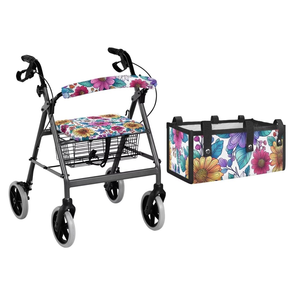 Luarisgur Walker Seat Covers for Ladies Boho Flower Rollator Bag Drive Walker Accessories Universal Rollator Walker Seat and Backrest Covers Washable Detachable
