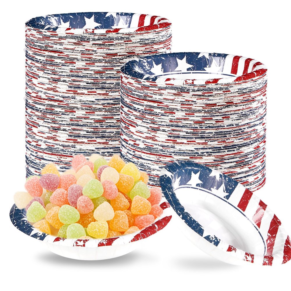 100Pcs 4th of July Paper Bowls 12Oz Disposable American Flag Patriotic Dessert Bowls Red Blue White Star and Stripe Decorative Soup Bowl for 250th Anniversary Independence Memorial Day Party Supplies