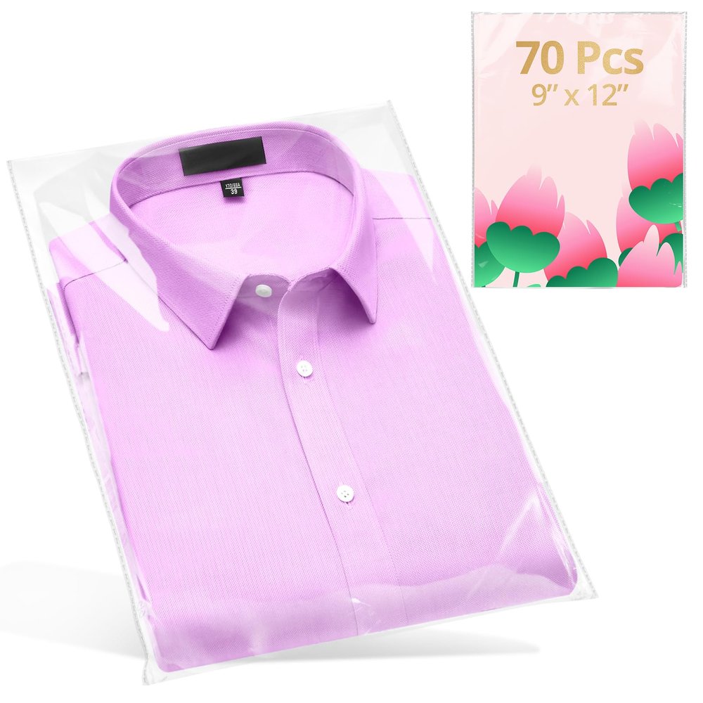 70 Pcs Clear Self Sealing Cellophane Bags 9x12 Inches for Packaging Clothes, Resealable Poly Plastic Shirt Bags for Small Business, Plastic Sleeves for Magazine A4 Letter Size Artwork (2.8Mils)