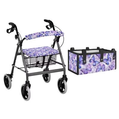 Luarisgur Rollator Walker Seat and Backrest Covers Butterfly Puprle Rollator Bag Under Seat Universal Walkers for Seniors with Seat Gift Covers Large Walker Basket for Folding Walker