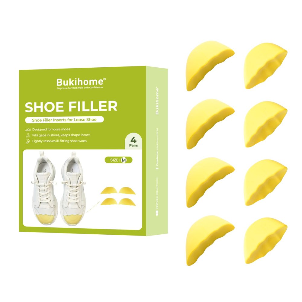 Bukihome Shoe Filler Insert - 4 Pairs Shoe Filler for Too Big Shoes, Heel Cushions for Women, Toe Inserts, Size Reducer Make Shoes Fit, Cushions for Women, Yellow, M